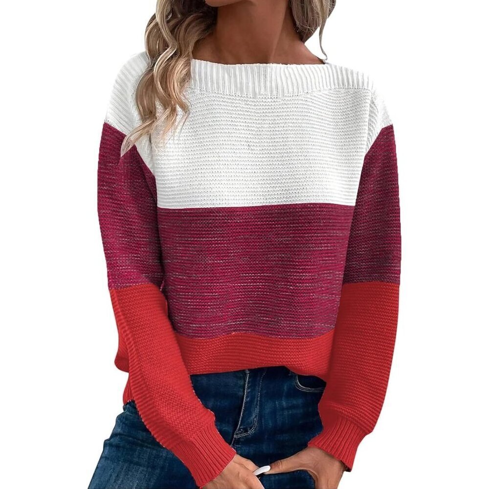 Women's Red Long Sleeve Crew Neck Color Block Fall Fashion Pullover Sweaters